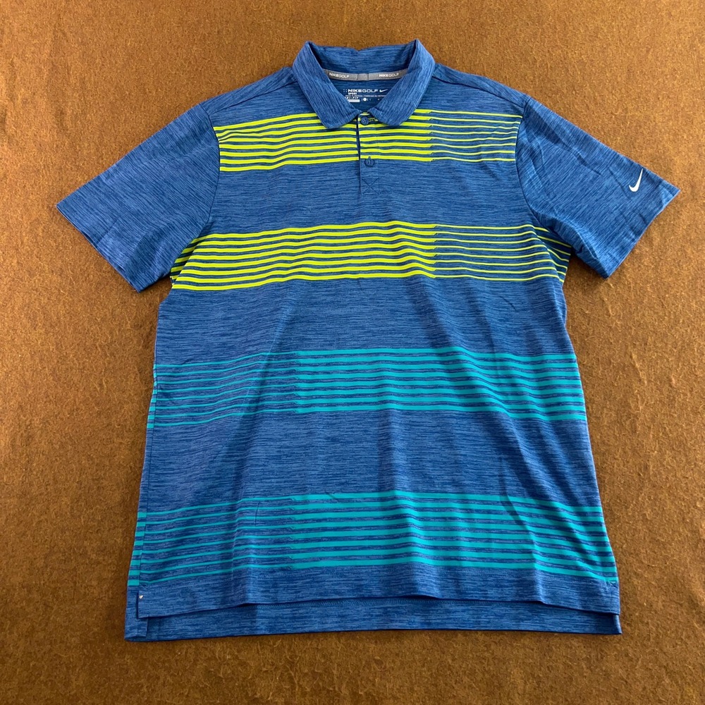 Nike Mens Large Blue Striped Dri-Fit Golf Polo Shirt